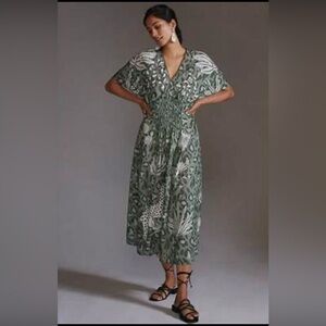 Anthropologie Green & White V-Neck Dolman Sleeve Maxi Dress Bl_nk Tatiana Kaftan